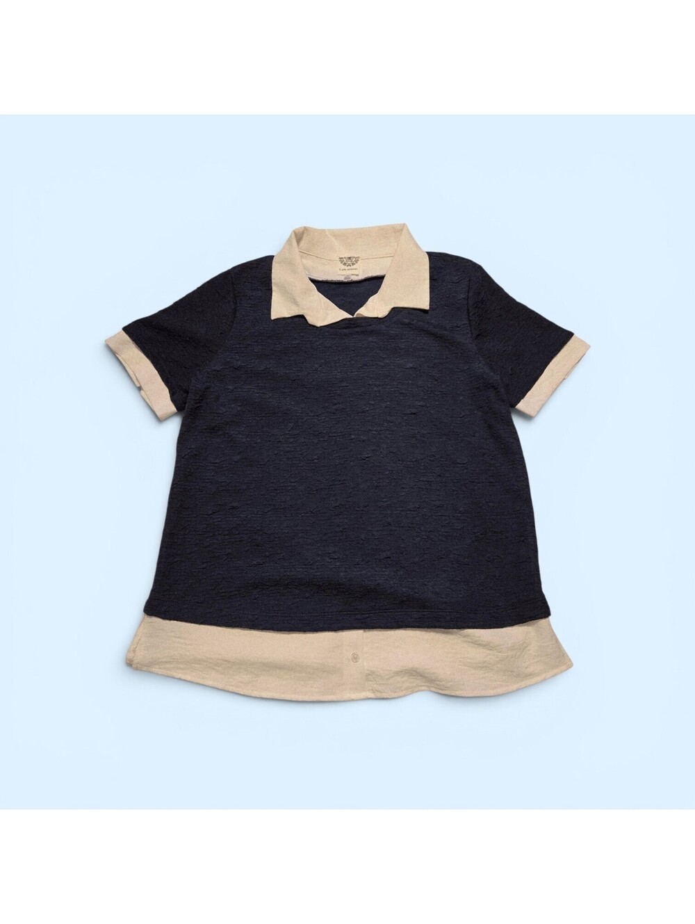 Late August Womens Layered Look Knit Polo Shirt Navy Blue White Collar Sz M